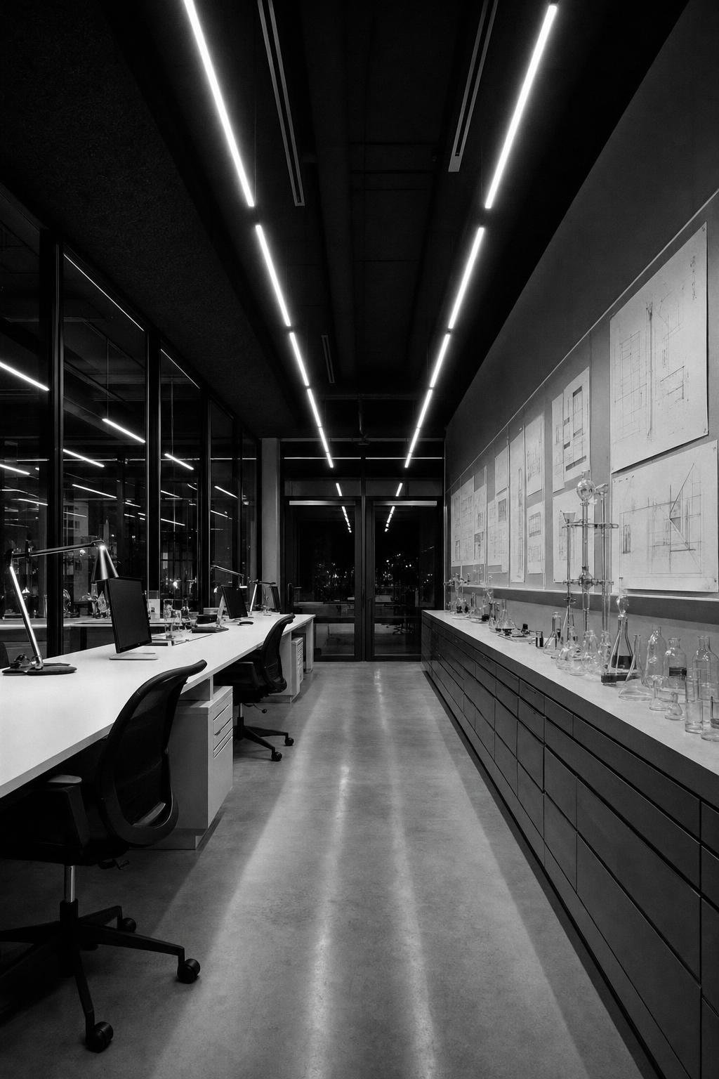 Interior del laboratorio JPG Creative Lab: mesas de trabajo, planos técnicos y material de laboratorio