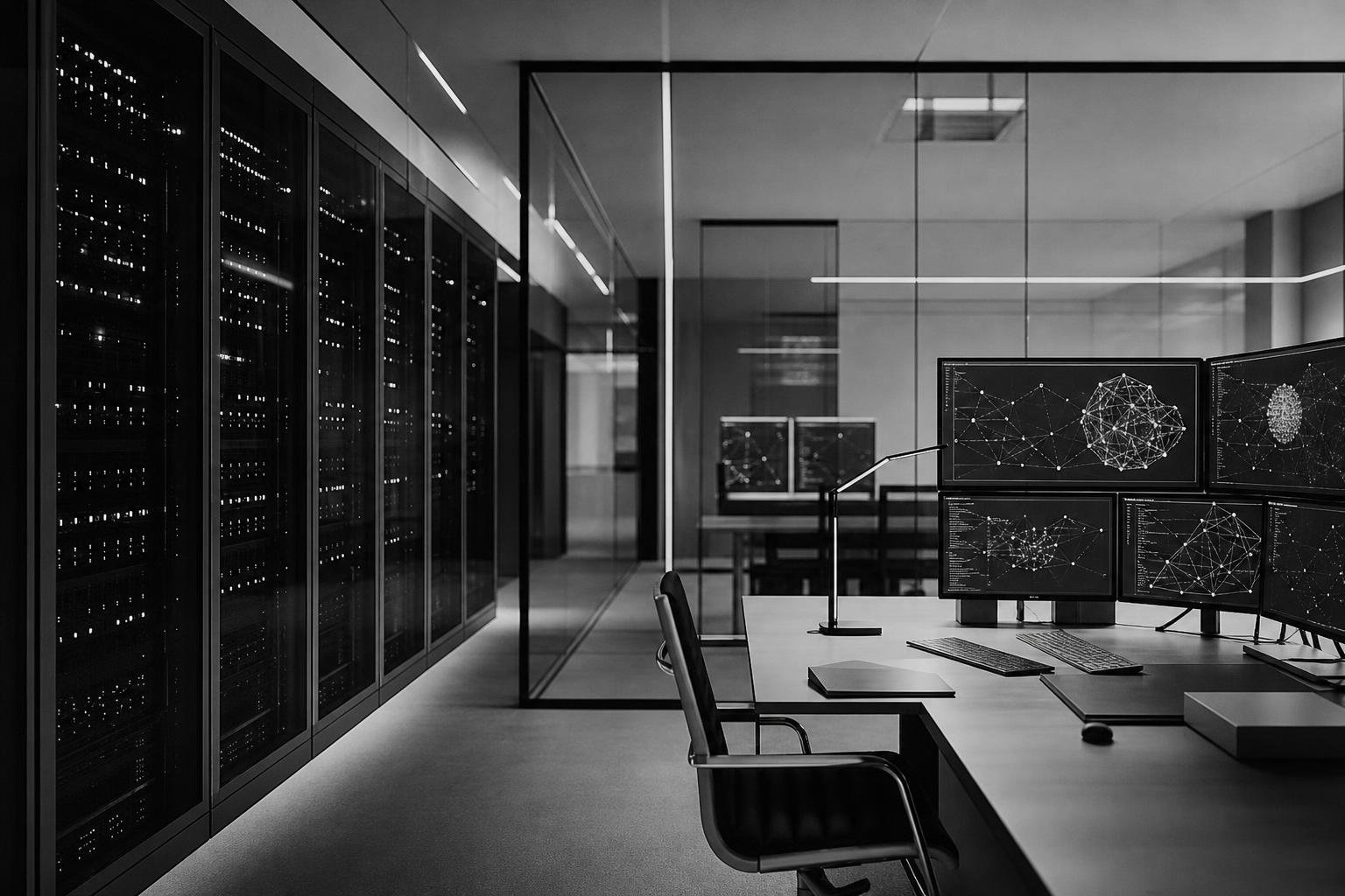 Sala de inteligencia artificial con servidores y monitores con grafos de nodos