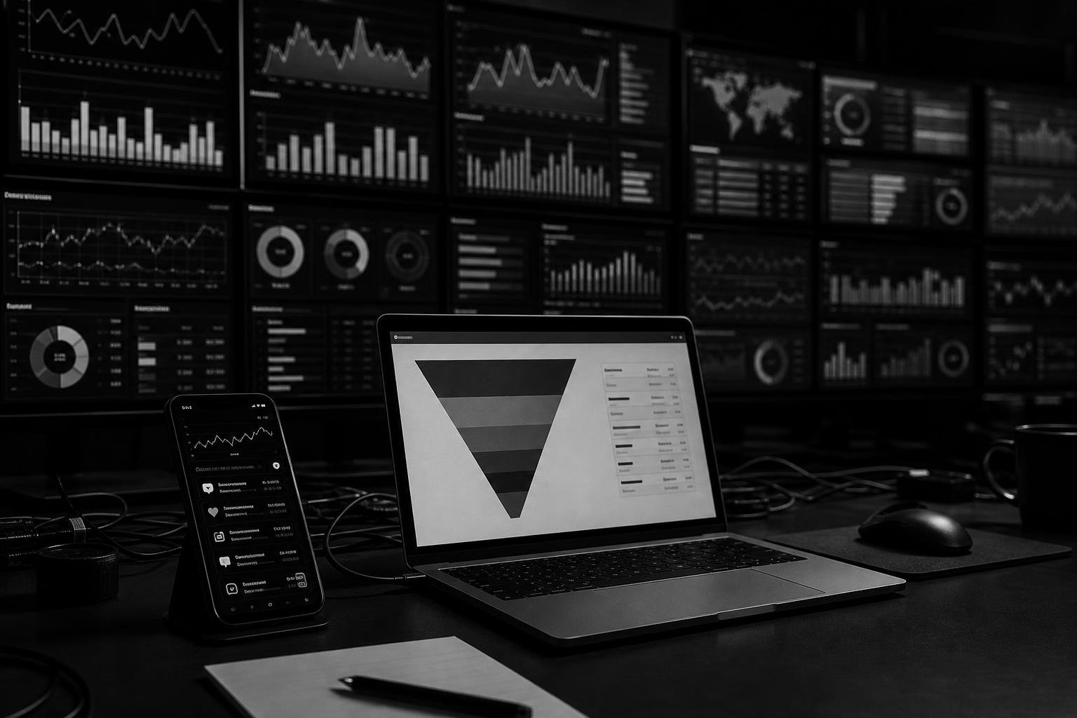 Sala de operaciones de marketing con pantallas de analítica y un funnel de campaña