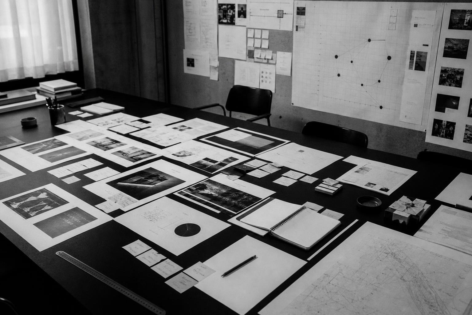 Mesa de estrategia cubierta de investigación, bocetos y diagramas de posicionamiento