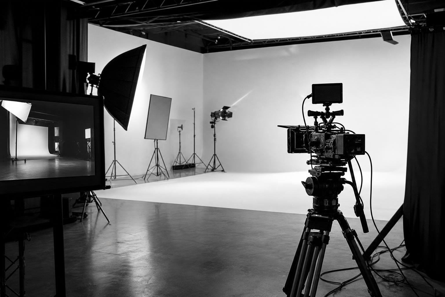 Estudio de producción con cámara de cine, luces y ciclorama blanco
